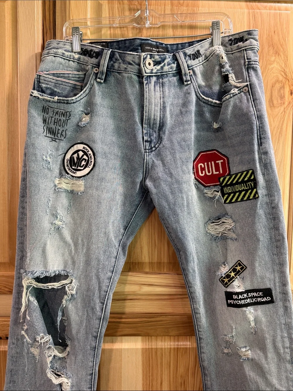 Cult of Individuality Slim Distressed Patchwork Rocker Grunge Men's Jeans 36x33